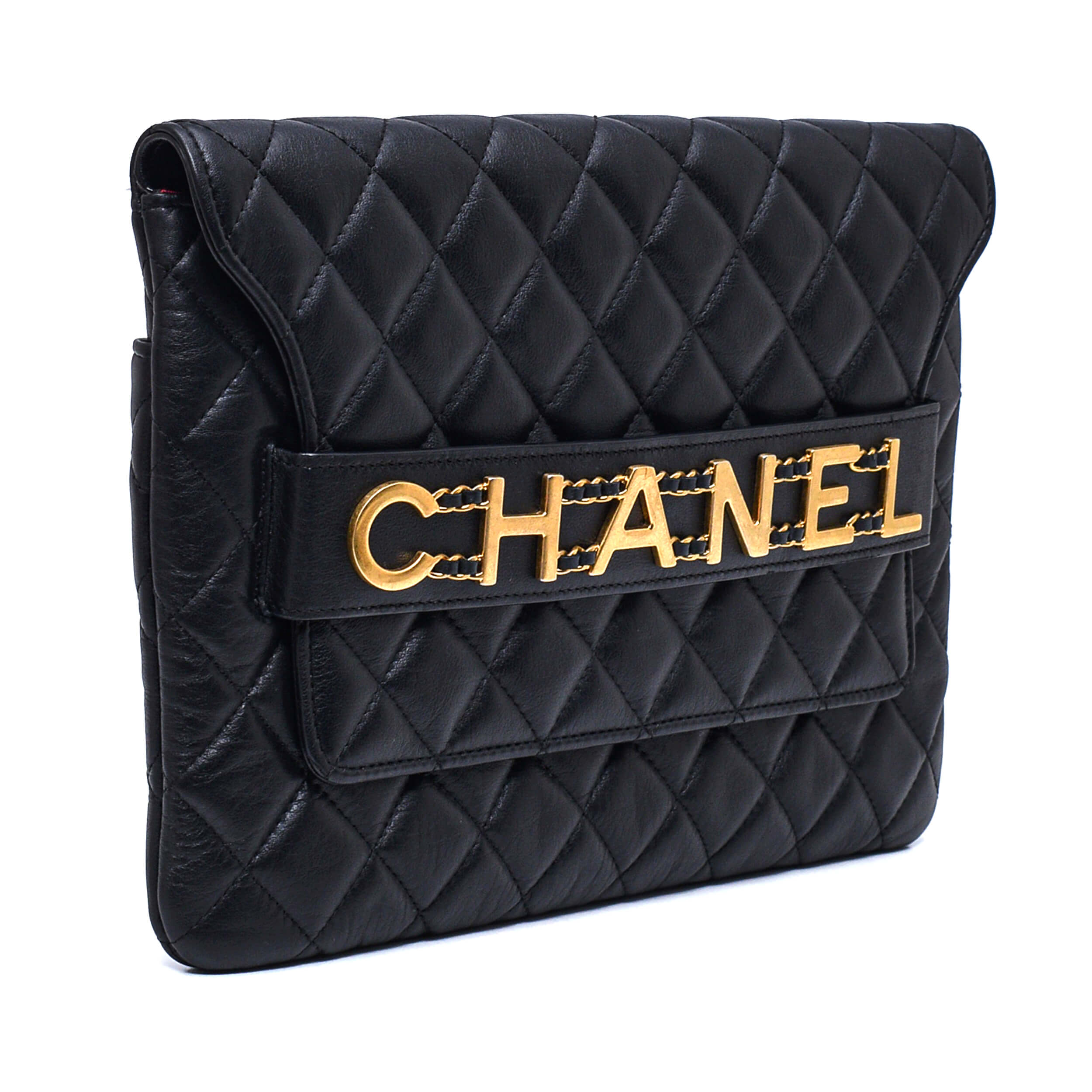 Chanel - Black Calfskin Quilted Front Logo Enchained Clutch